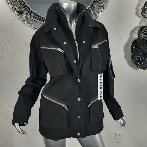 NWT~$295~I AM GIA~S/M~BLACK MILITARY UTILITY CARGO DENIM JEAN JACKET COAT - Picture 3 of 16